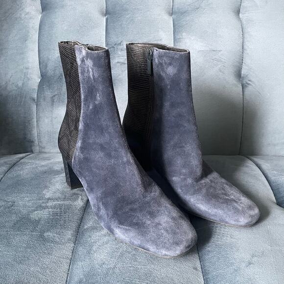 Donald Pliner Jia Snake Print Suede Leather Booties Blue Black Chunky Heel US 8 - Picture 1 of 9